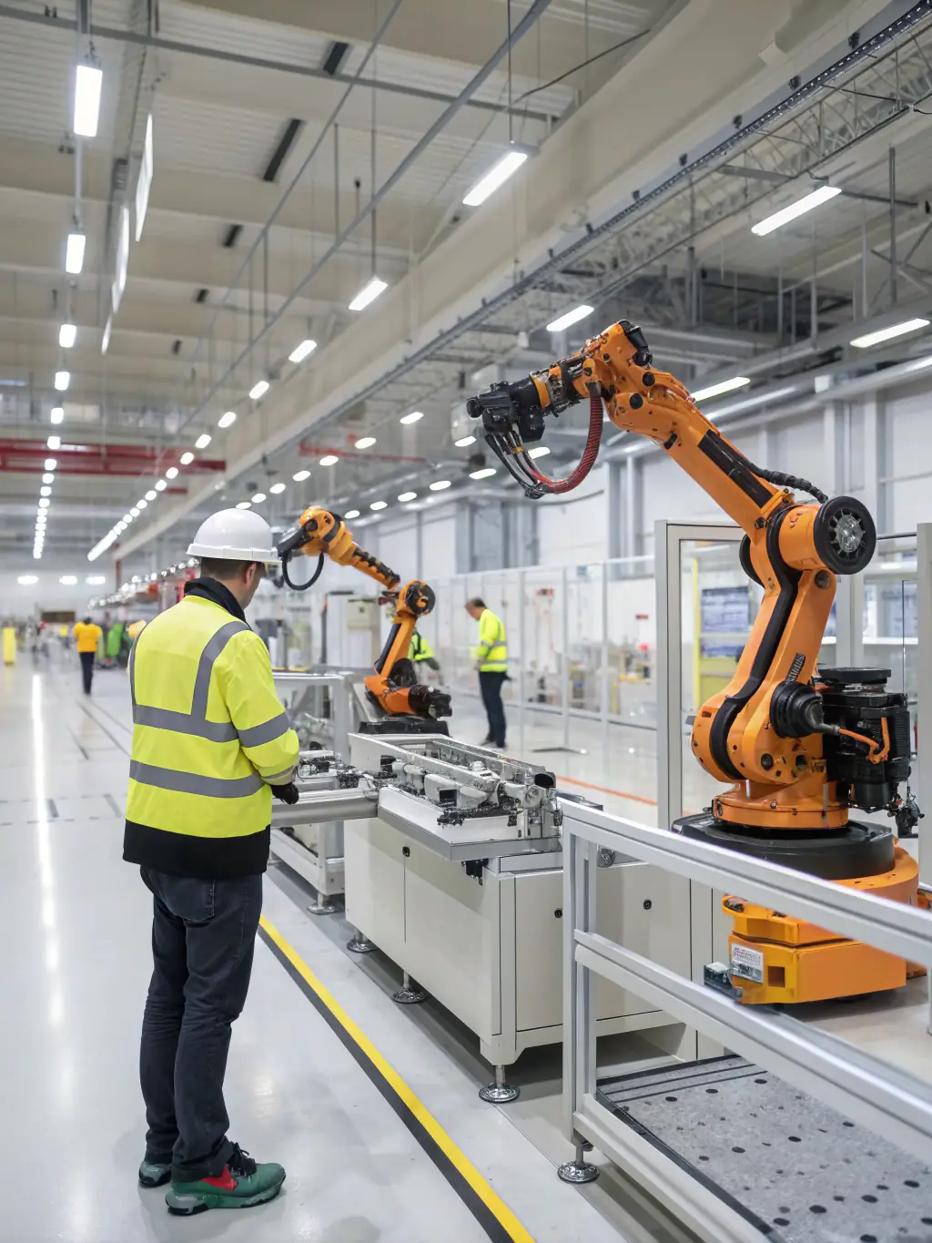A high-angle shot of a modern automotive manufacturing plant in the UK, showcasing robotic assembly lines and skilled technicians working on electric vehicles, symbolizing the automotive industry ecosystem.