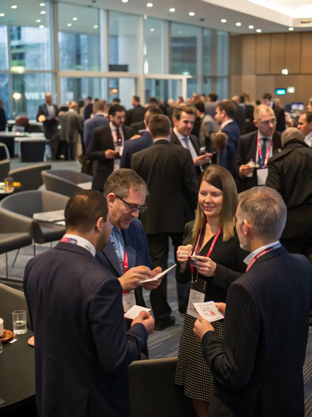 A photograph capturing the energy of a past UK Industry Summit, showing attendees networking during a coffee break, with company logos subtly displayed on banners in the background.
