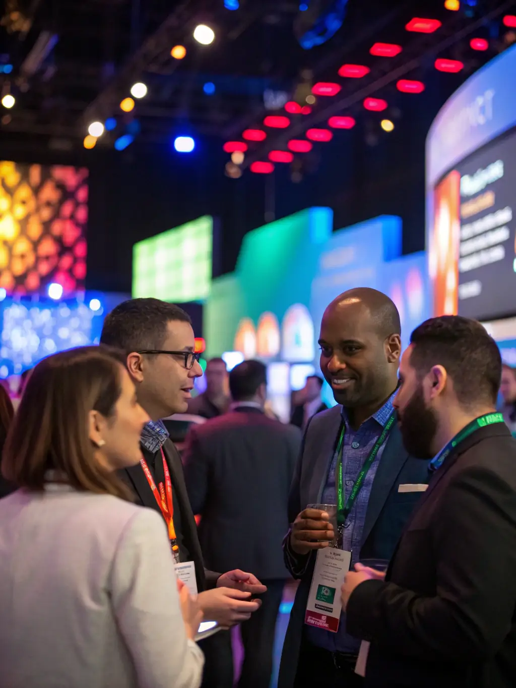 A bustling scene from a fintech conference in London, featuring diverse professionals networking and attending presentations on blockchain, AI in finance, and digital banking solutions, representing the fintech industry ecosystem.