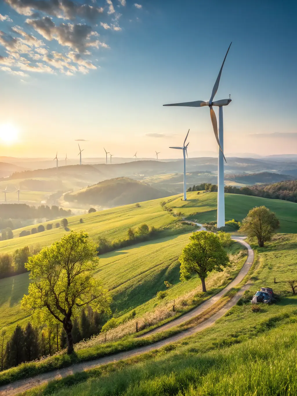 A dynamic shot of a renewable energy farm in Scotland, featuring wind turbines and solar panels against a scenic backdrop, illustrating the renewable energy industry ecosystem.
